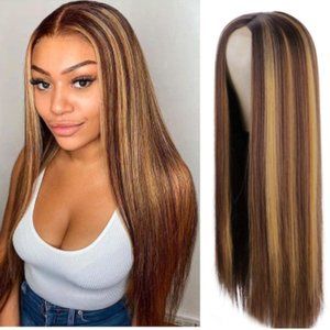 26" Long Synthetic Hair Gold Stamped Highlights Straight Hair Wig Ladies